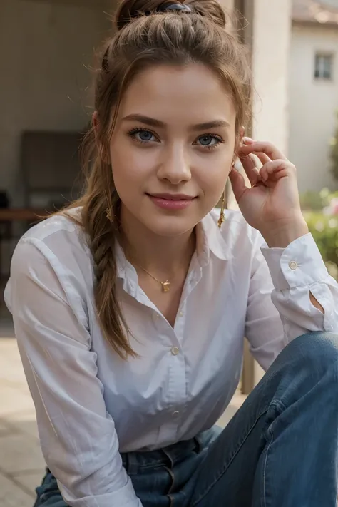 (masterpiece:1.2, Best quality), (exquisite eyes: 1.2), A high resolution, ultra detailed, HDR, masterpiece, very detailed face and eyes, confident expression with a grin, young woman, classic pants, fashion shirt, hair pulled back into a relaxed bun, 18 y...