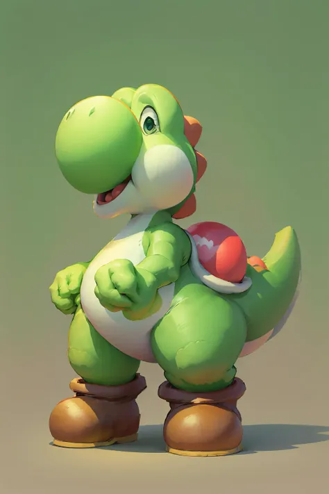 Green dinosaur, with boots, big nose, big eyes, long tail, character from Mario Bros, Nintendo, stands happy, looking at the viewer,
