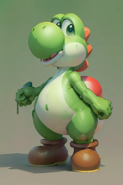 green dinosaur, with boots, big nose, big eyes, long tail, character from mario bros, nintendo, stands happy, looking at the vie...