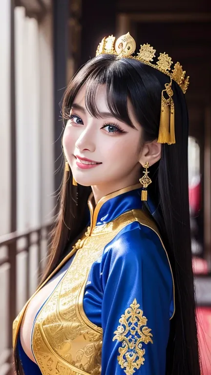 (((Chinese Beauty)))、21 years old、(Very heavy makeup:1.2)、(Slanted Eyes:1.3)、(Long, narrow eyes:1.3)、Shiny Hair、Glowing Skin、Very white skin、Jet Black Hair、Straight Long Hairstyles、Big eyes、double eyelid、Luxurious Chinese palace、(Standing in the palace cor...