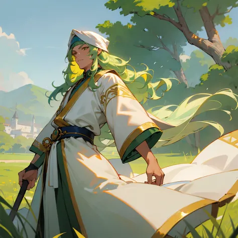 ((best quality)), ((masterpiece)), perfect face, Perfect Generation , Golden Eyes, White Martial Arts Clothing, Light Green Hair , Wavy Hair, Long Hair, White wrapped Turban , Blue Sache Belt, Grassy Planes Background, 1male, Muscular,