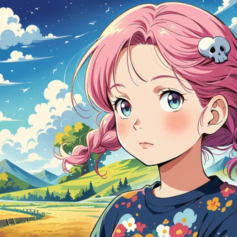 akira toriyama style、pink hair anime girl, SKULL fashion, anime style 4 k, Decora style illustration, anime art wallpaper 4k, anime art wallpaper 4k, anime wallpaper 4k, anime wallpaper 4k, anime style. 8K, anime atmosphere, anime art wallpaper 8k, anime s...