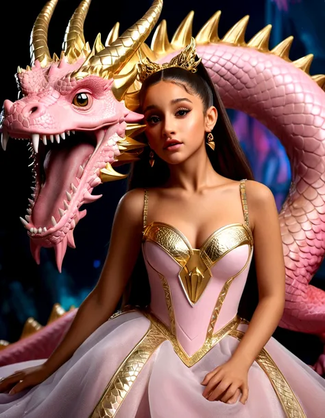 1 girl, Ariana Grande, 25 years old, beautiful detailed eyes, beautiful detailed lips, extremely detailed face and features, longeyelashes, princess dress, pink, dragons lair, scolding dragon, bopping dragons nose, messy lair, no bed, high fantasy, bones a...