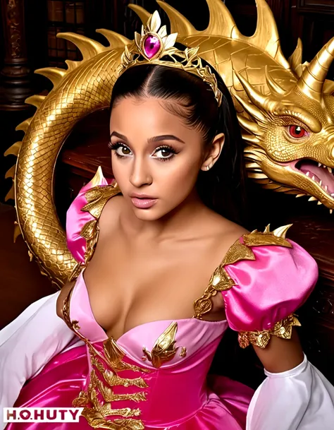 1 girl, Ariana Grande, 25 years old, beautiful detailed eyes, beautiful detailed lips, extremely detailed face and features, longeyelashes, princess dress, pink, dragons lair, scolding dragon, bopping dragons nose, messy lair, no bed, high fantasy, bones a...