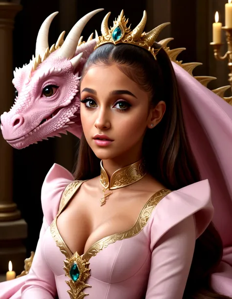 1 girl, Ariana Grande, 25 years old, beautiful detailed eyes, beautiful detailed lips, extremely detailed face and features, longeyelashes, princess dress, pink, dragons lair, scolding dragon, bopping dragons nose, messy lair, no bed, high fantasy, bones a...