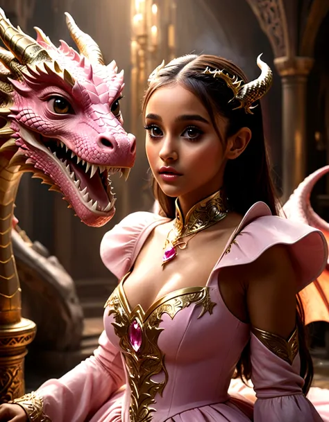 1 girl, Ariana Grande, 25 years old, beautiful detailed eyes, beautiful detailed lips, extremely detailed face and features, longeyelashes, princess dress, pink, dragons lair, scolding dragon, bopping dragons nose, messy lair, no bed, high fantasy, bones a...