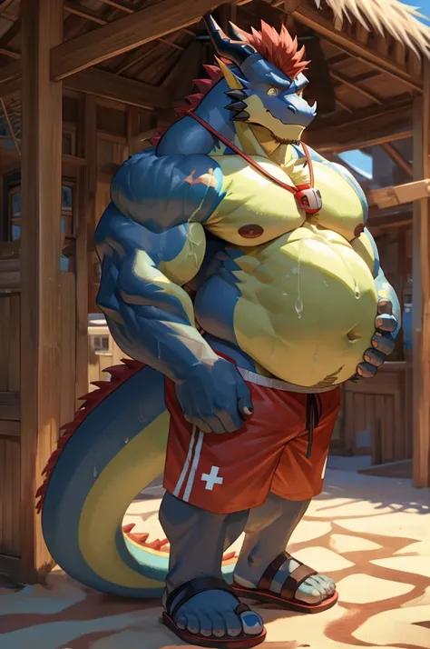 Big buff embarrassed blue cartoon dragon with a humongous ginormously oversized inflated beige stomach, high blue, white eyes with black pupils, big oversized bellybutton, light blue back, lifeguard tank top overhanging on top of his huge stomach, green ne...