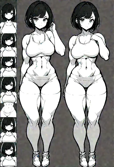 1girl,squatting,legs spread apart, front view, bike shorts, sports bra, sprite sheet, consistency, looking at viewer, lineart, monochrome, muscular abs girl, (thin waist), ((curvy)), ((wide hips)), short black hair, sexy, muscular thighs, full body