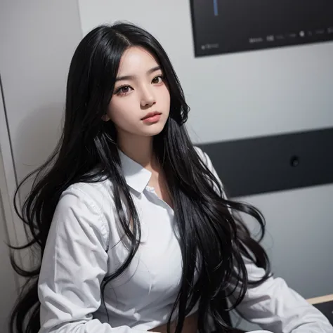 yearbook photo of a  with long wavy black hair, with plain background, bust shot