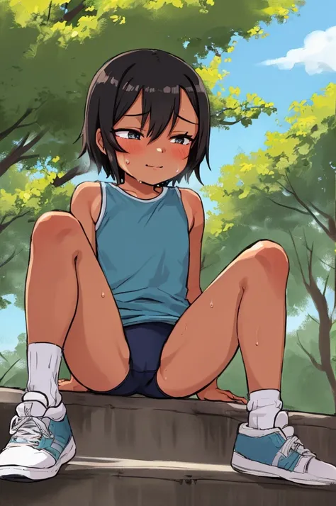 1girl,10yo,tanned body,short hair,sitting on ground,,open legs,spread legs,outdoor,leotard,,(((looking away))),socks,shoes,(sweating,trembling)