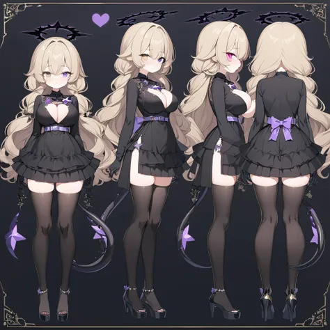 1 tall girl, long dark blonde hair, slim build, wavy hair with knee length curls, small face, sectoral heterochromia (one gray eye and one purple eye), star ribbon on the right side of the hair, She has a short double braid on the left and right side of he...