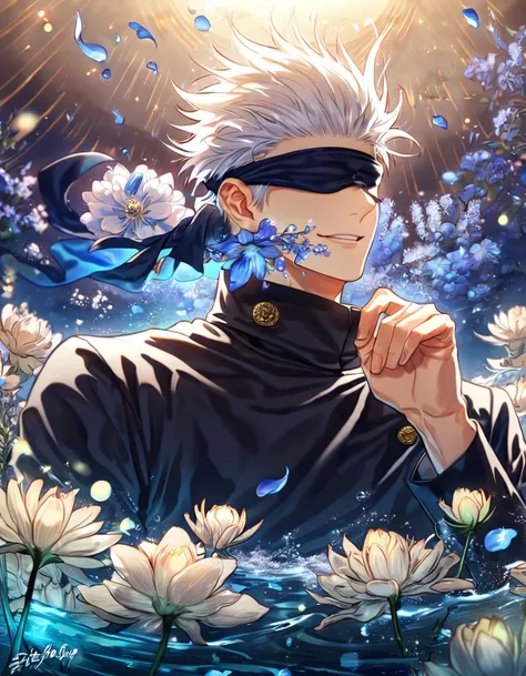 absurdres, highres, ultra detailed, HDR, master piece, Gojou Satoru, white hair, blindfolded eyes, black shirt, Jujutsu Kaisen, man, handsome, best quality, blue moon, flowers, fantasy, magical, solo, water, blue shining fireflies, blue petals, Jujutsu Kai...