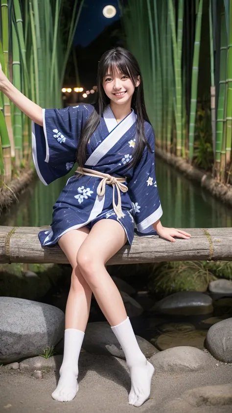 Japanese high school girl smiling young face long black hair straight long black hair blue and white floral yukata tabi socks geta starry night full moon night bamboo tree-lined road tanzaku tanabata standing in front of the riverbed clear stream milky way...