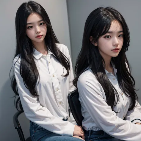 yearbook photo of a  with long wavy black hair, with plain background, bust shot