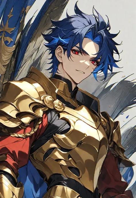 a handsome man with short blue hair and red eyes, wearing a red coat and golden armor, solo