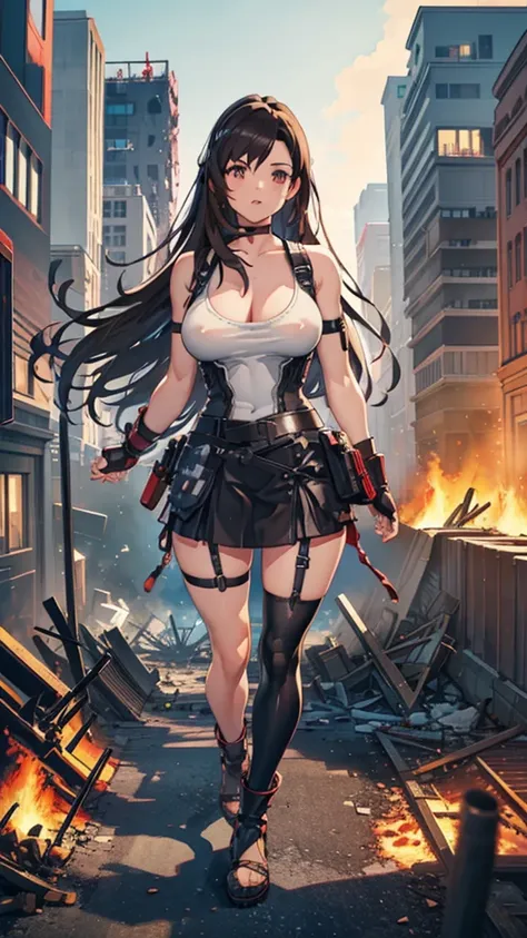 Anime Style　masterpiece　Unreal Engine　Precision　Cute Girls　giant girl　(Tifa Lockhart, bigger than a skyscraper))　((A view from the sky)) ((Destroyed city in flames)) ((Fire)) ((Destroyed buildings)) ((Destroyed cars)) ((Pile of rubble)) ((tifa lockhart((Fi...