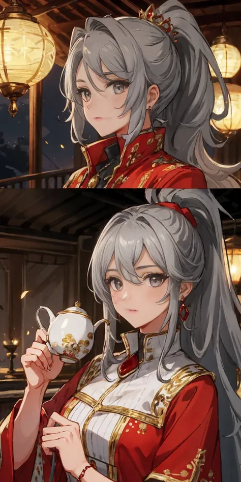 Gray Hair, Gray Eyes, ponytail, Royalty, Red Jewelry, Red Earrings, Lunar, Nobility, Nobleman, High Quality, Highly Detailed, Detailed Face, Masterpiece, Castle, Drinking Tea, Garden, Flowers, Lights