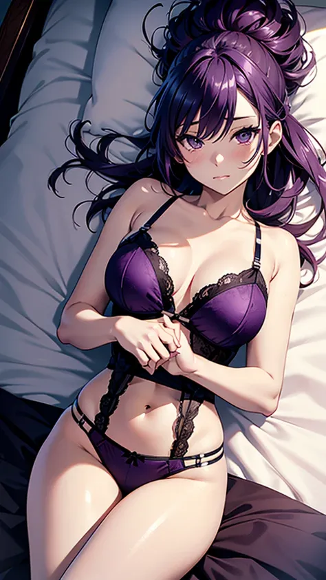 8K, Hino Rei, lying on the bed, full body, embarrassed expression, dark purple hair, split pompadour, lingerie