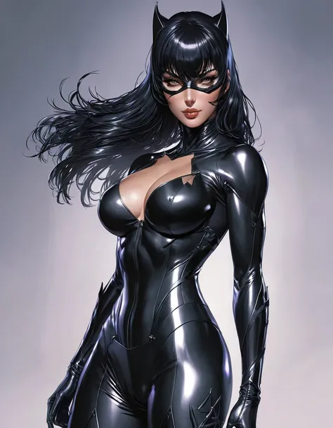 Black hair with bangs catwoman full body portrait, comic illustration in the style of Jim Lee --ar 2:3 --v 6.0 designed digital art, trending digital fantasy art,stephen lau and artgerm, as seen on artgerm, artgerm julie bell beeple, stanley artgerm lau, a...