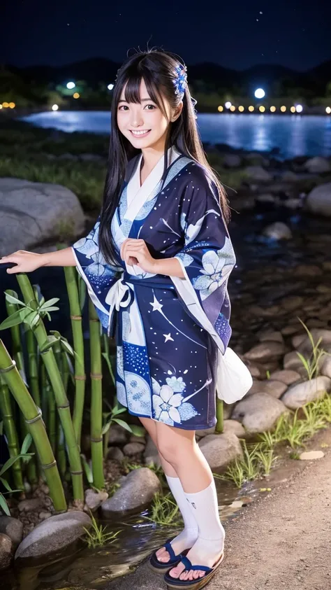 Japanese high school girl smiling young face long black hair straight long black hair blue and white floral yukata tabi socks geta starry night full moon night bamboo lined road tanzaku tanabata standing in front of the riverbed clear stream milky way star...