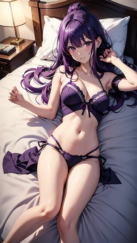 8K, Hino Rei, lying on the bed, full body, embarrassed expression, dark purple hair, split pompadour, sailor fuku, bare legs