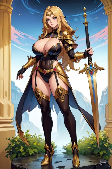 (masterpiece, best quality, high resolution, ((full body, standing,))((huge breasts)), , beautiful woman, great-looking golden super fantasy armor with a full body, ultra fantasy sword in her hands,
,full body