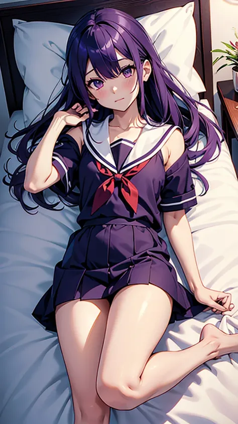 8K, Hino Rei, lying on the bed, full body, embarrassed expression, dark purple hair, split pompadour, sailor fuku, bare legs