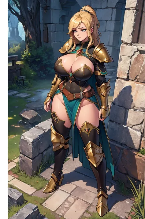 (masterpiece, best quality, high resolution, ((full body, standing,))((huge breasts)), , 1 beautiful woman, large fantasy armor shoulder pads, arm protectors, long boots, armor, fantasy breastplate, full body, you are in fantasy hands,
,full body