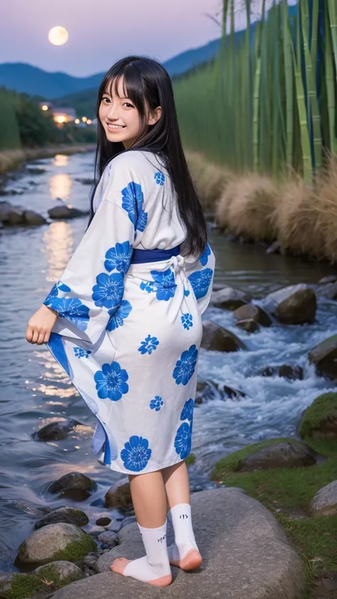 Japanese high school girl smiling young face long black hair straight long black hair blue and white floral yukata tabi socks geta starry night full moon night bamboo lined road tanzaku tanabata standing in front of the riverbed clear stream milky way star...