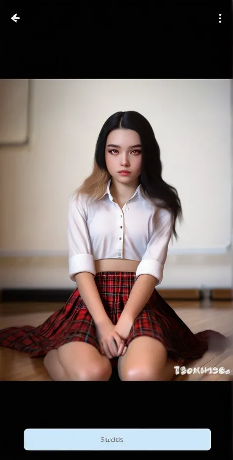 a girl with long curly black hair,beautiful detailed eyes,beautiful detailed lips,extremely detailed face and eyes,long eyelashes,hot fantasy,red plaid skirt,thin white transparent collared top,nothing worn underneath,sitting on cold gymnasium floor with 2...