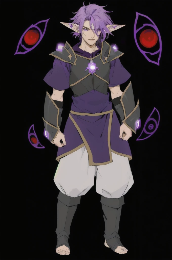 a cartoon image of a male character with a purple hair and purple eyes, as a dnd character, young shadow mage male, wearing dark purple armor, full body concept, full portrait of elementalist, evil aura, arcane art style, skinny male fantasy alchemist, dnd...