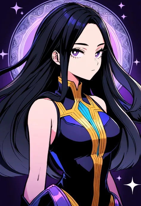 a pretty teenage girl with black hair with purple tips and loose hair bangs, with an all-black sleeveless and high-necked suit MY HERO ACADEMIA STYLE