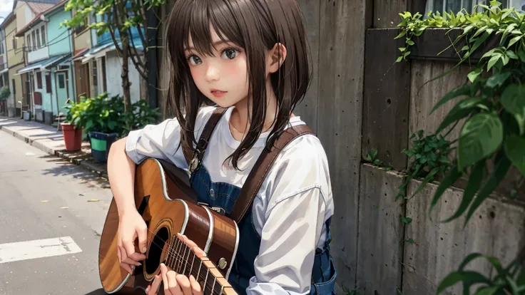 On the streets of a rural town in Southeast Asia、A woman standing and singing passionately while playing a brown acoustic guitar、Hairstyle: light brown short bob cut、Dressed in whiteＴShirt and jeans、Very dynamic Bose
