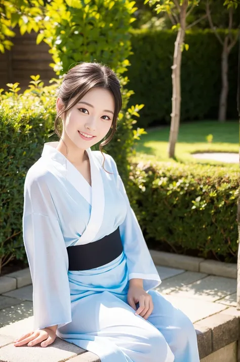 Pure young Japanese yukata girl, outstanding body, wearing traditional yukata, vivid makeup, natural black hair styles, sexual attractive, sweet smile, sitting in traditional garden, professional portrait photography, dazzling summer sunlight, 