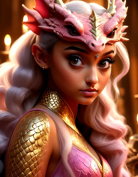 1 girl, Ariana Grande, 25 years old, beautiful detailed eyes, beautiful detailed lips, extremely detailed face and features, longeyelashes, princess dress, pink, dragons lair, scolding dragon, bopping dragons nose, messy lair, no bed, high fantasy, bones a...