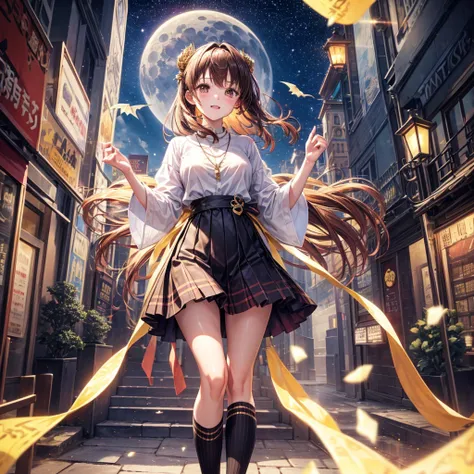 Red, brown, gold, gold hair、Golden Eyes、Hair tied up、One good looking girl、solo、anime、Checkered mini skirt、Ruffles on the skirt、Checked dress、blouse、school uniform、Black knee-high socks、Ribbon、Ribbon on waist、Teeth are visible、Sparkly Necklace、From above、C...