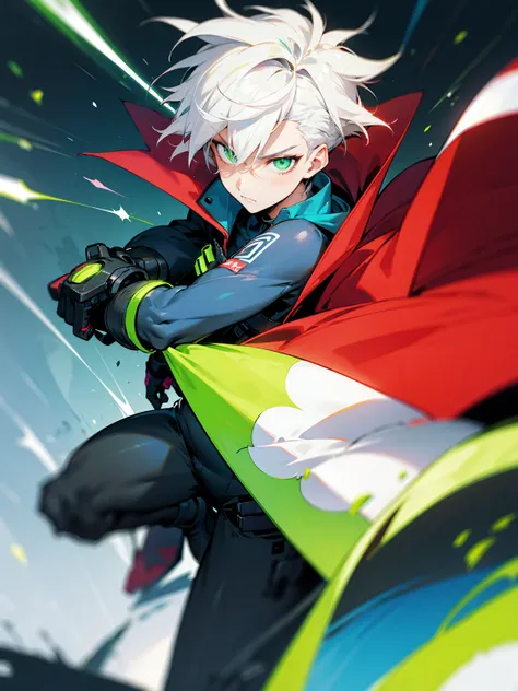 1male, white hair, messy hair, undercut hair, neon green eyes, super suit, cape, tattered clothing, serious expression