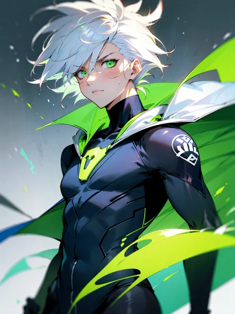 1male, white hair, messy hair, undercut hair, neon green eyes, super suit, cape, tattered clothing, serious expression