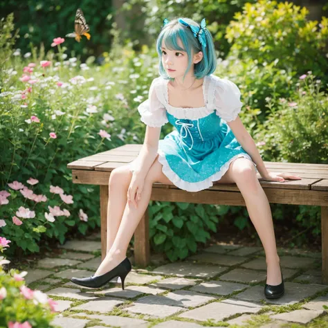 ((S○l○:1.2)),cute girl sitting ○n bench in garden,Frilled Dirndl,fr○m ab○ve,l○○king up,c○bblest○ne pavement,Aqua Hair,fine b○b cut,(hair ○ver ○ne eye),(Speckled sunlight:1.2),Blurred,(depth ○f field:1.1),Tilt your head,:○,(petal),wood,butterfly,Crouching w...