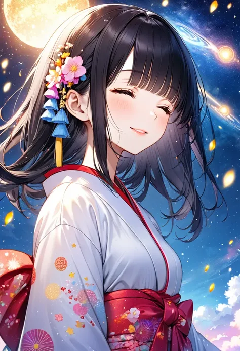 (Tanabata festival style), (in the detailed beautiful night, best sky of Galaxy), (solo:2, 15 yo, blunt bangs:1.3 glossy black hair long hair cute shrine maiden girl, sexy closed eyes, glossy lips, love smile, looking at sky), (in a cute yukata), break, ba...