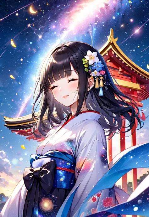 (Tanabata festival style), (in the detailed beautiful night, best sky of Galaxy), (solo:2, 15 yo, blunt bangs:1.3 glossy black hair long hair cute shrine maiden girl, sexy closed eyes, glossy lips, love smile, looking at sky), (in a cute yukata), break, ba...