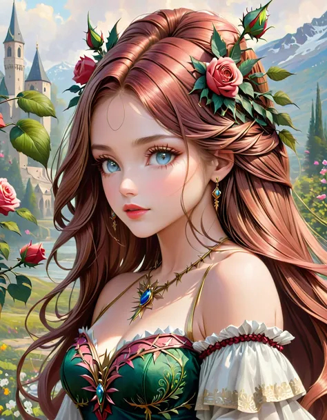 {({(rose themed:1.5)} beautiful girl, long hair, light colored eyes, delicate, calm demeanor, {beautifuly dressed with intricate thorn details}, ({watercolored styled} impressionist masterpiece:1.5), (best quality:1.5), ((UHD:1.5)), (detailed face, detaile...