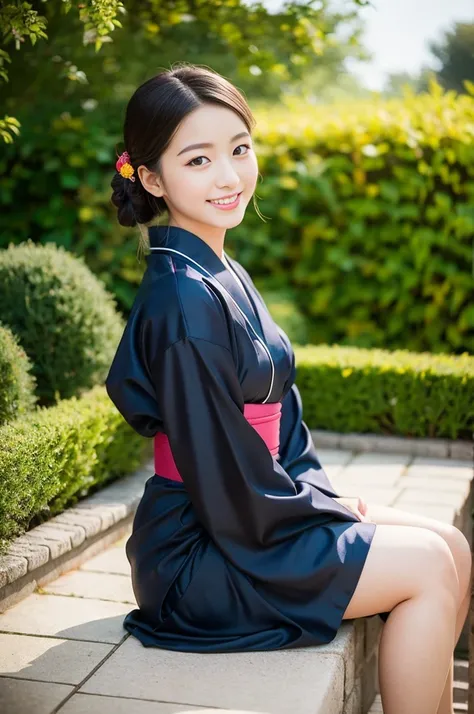 Pure young Japanese yukata girl, outstanding body, wearing traditional yukata, vivid makeup, natural black hair styles, sexual attractive, sweet smile, sitting in traditional garden, professional portrait photography,