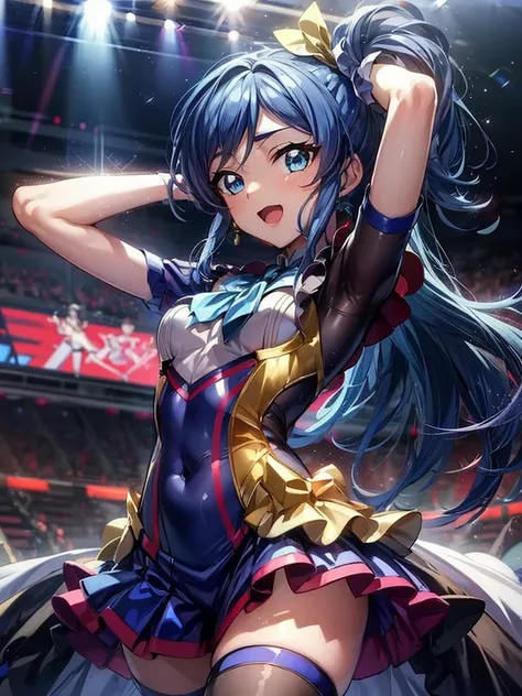 ,aikatsu,1 girls,in senki zesshou symphogear style , Blue long hair,Side Pony tail,Blue and White battle suit,BREAK,ultra-definition, high resolution, ultra-detail CG,caustics, Live stage, in front of super large vision, singing, stand blade ,