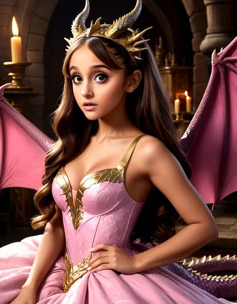 1 girl, Ariana Grande, 25 years old, beautiful detailed eyes, beautiful detailed lips, extremely detailed face and features, longeyelashes, princess dress, pink, dragons lair, scolding dragon, bopping dragons nose, messy lair, no bed, high fantasy, bones a...