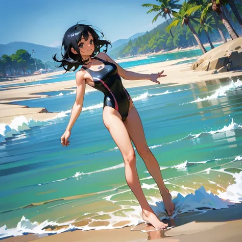 (high quality, High resolution, Very detailed, reality:1.37), Peaceful atmosphere, (Sandy Beach), Teenage girl standing alone, (my breasts are big.), Beautiful details, Cute Smile, (Black bob hair), One piece swimsuit, barefoot.