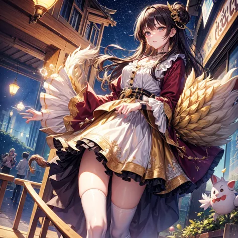 Red, brown, gold, gold hair、Golden Eyes、Hair tied up、One good looking girl、solo、anime、Checkered mini skirt、Ruffles on the skirt、Checked dress、blouse、school uniform、Black knee-high socks、Ribbon、Ribbon on waist、Teeth are visible、Sparkly Necklace、From above、C...