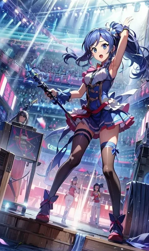 ,aikatsu,1 girls,in senki zesshou symphogear style , Blue long hair,Side Pony tail,Blue and White battle suit,BREAK,ultra-definition, high resolution, ultra-detail CG,caustics, Live stage, in front of super large vision, singing, stand blade ,