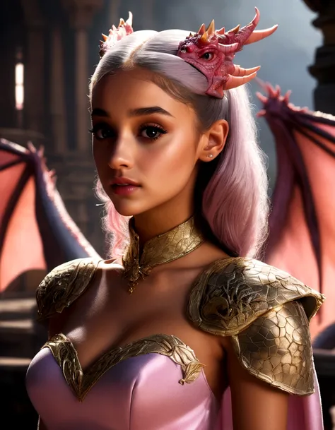 1 girl, Ariana Grande, 25 years old, beautiful detailed eyes, beautiful detailed lips, extremely detailed face and features, longeyelashes, princess dress, pink, dragons lair, scolding dragon, bopping dragons nose, messy lair, no bed, high fantasy, bones a...