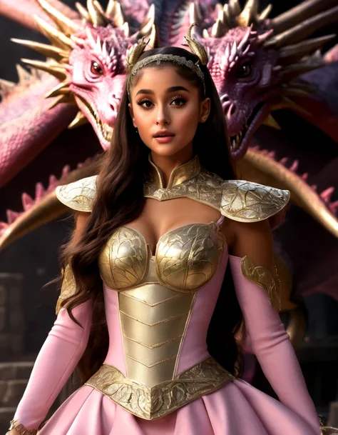 1 girl, Ariana Grande, 25 years old, beautiful detailed eyes, beautiful detailed lips, extremely detailed face and features, longeyelashes, princess dress, pink, dragons lair, scolding dragon, bopping dragons nose, messy lair, no bed, high fantasy, bones a...